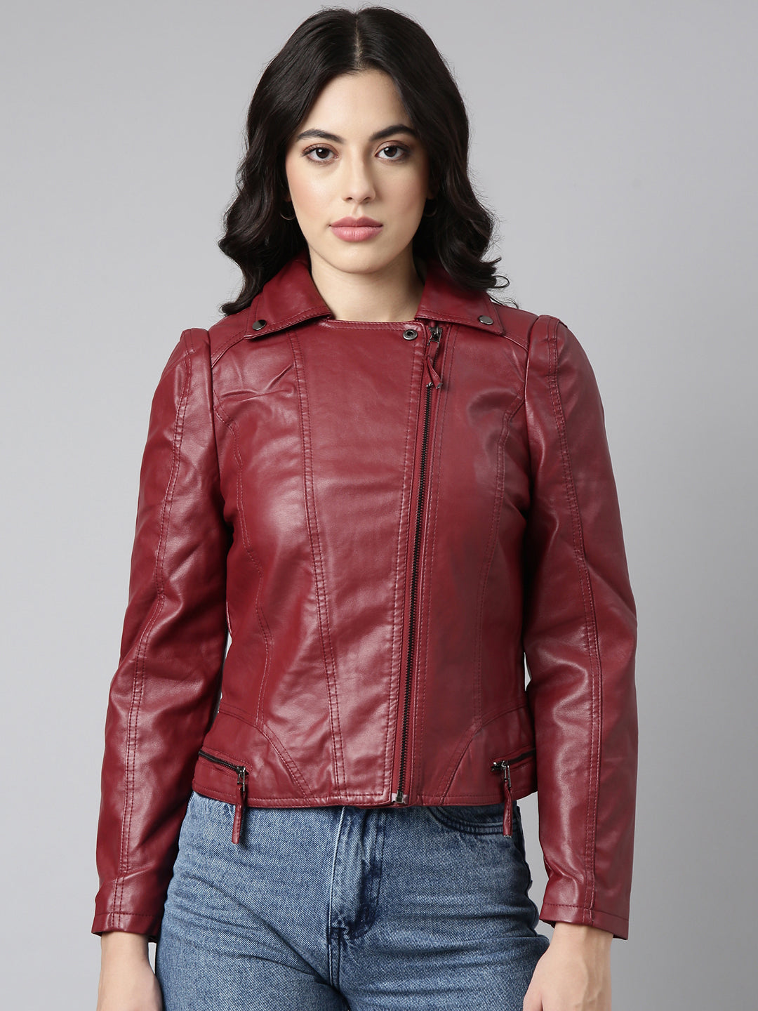 Women Solid Maroon Biker Jacket