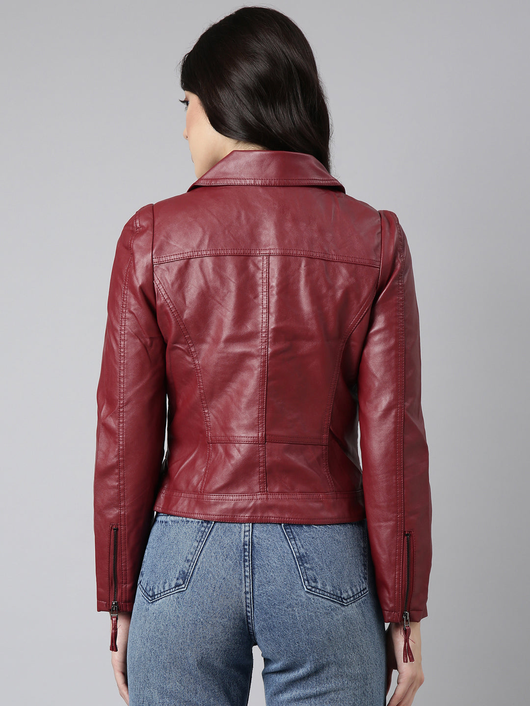 Women Solid Maroon Biker Jacket