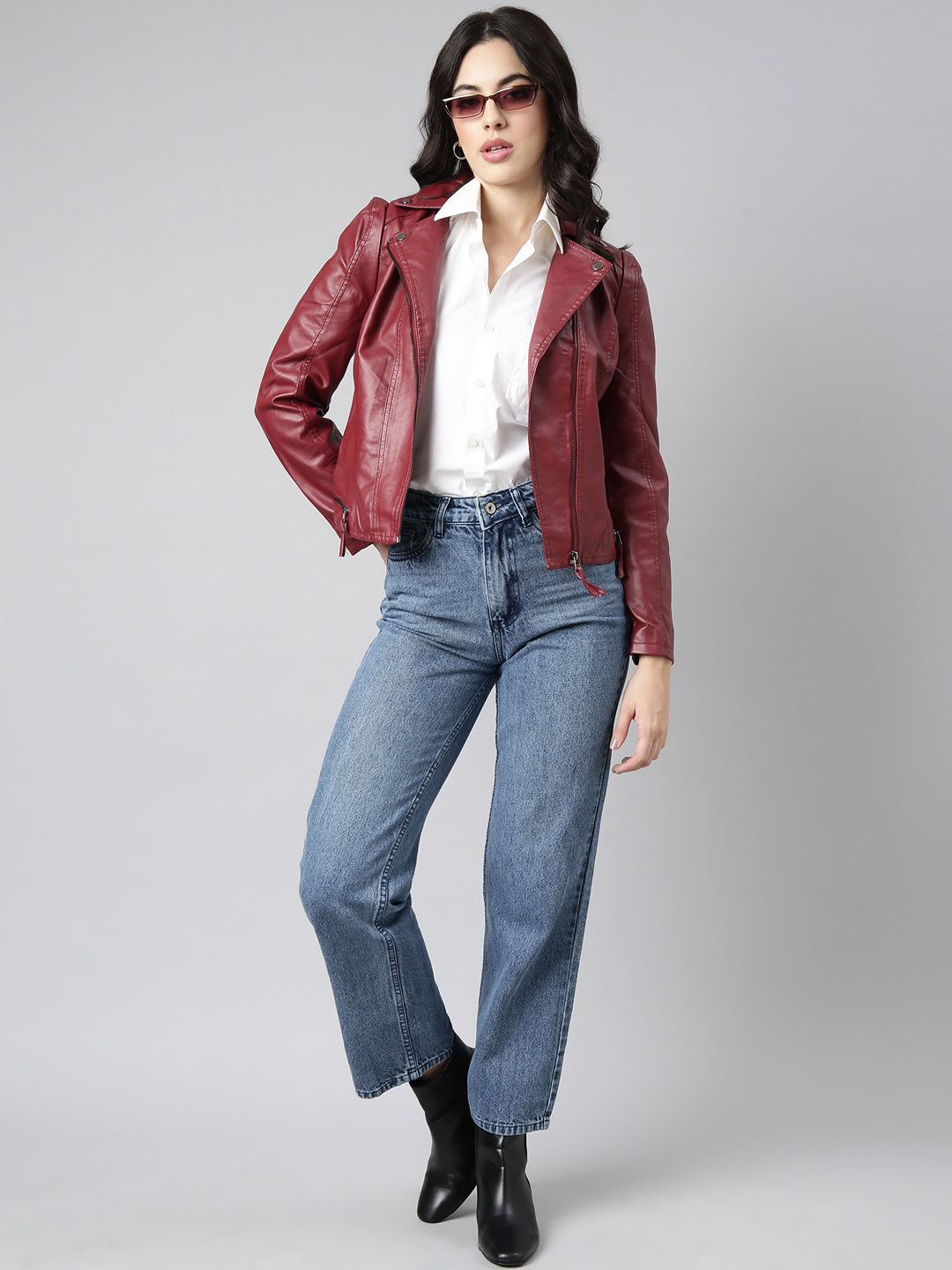 Women Solid Maroon Biker Jacket