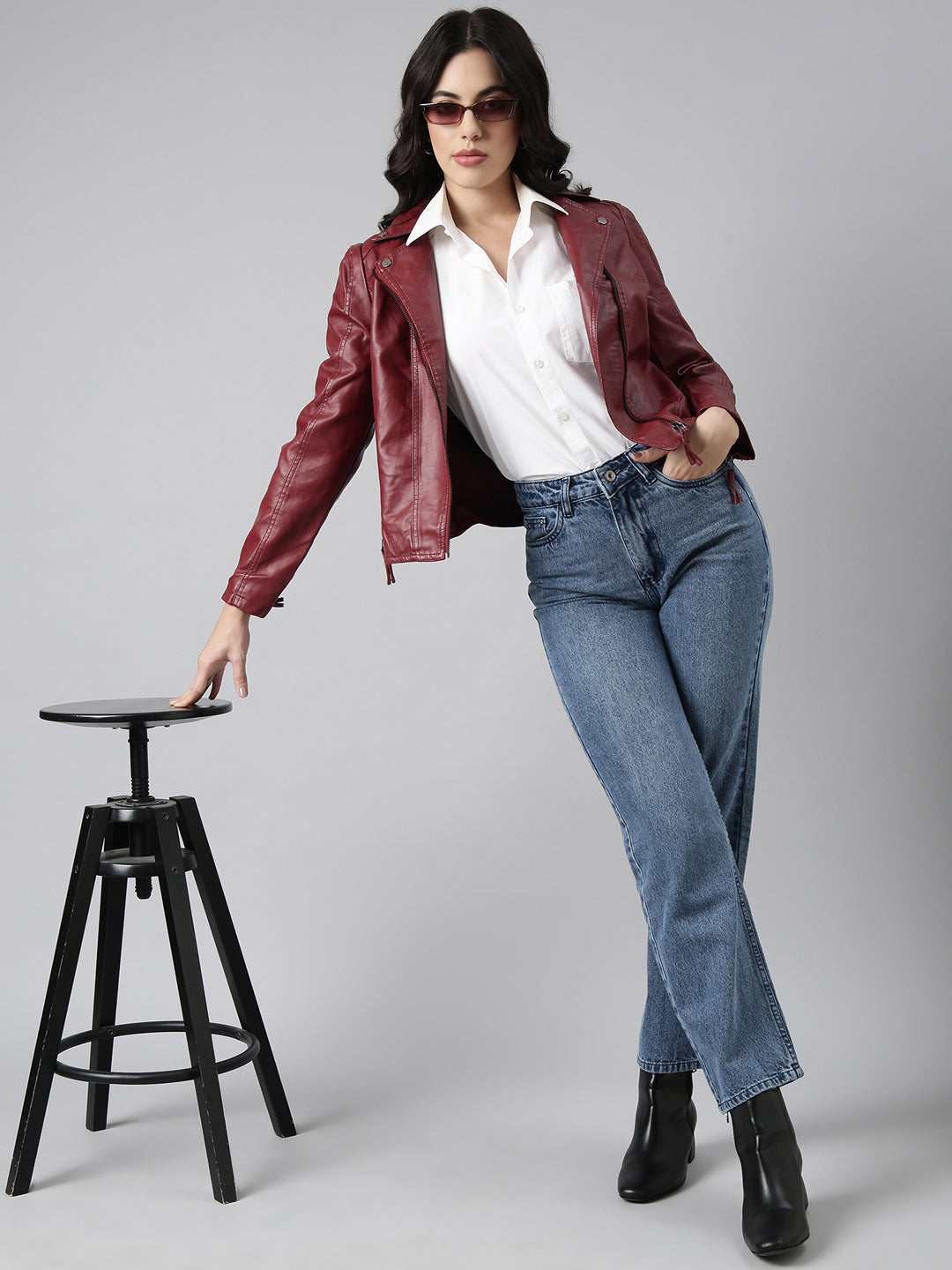 Women Solid Maroon Biker Jacket