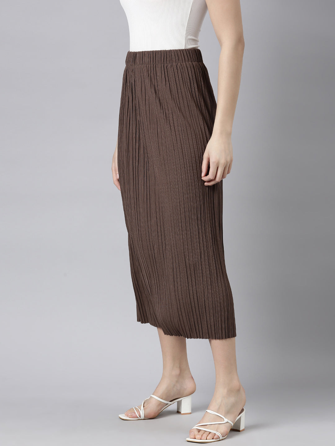 Women Self Design Brown Straight Midi Skirt