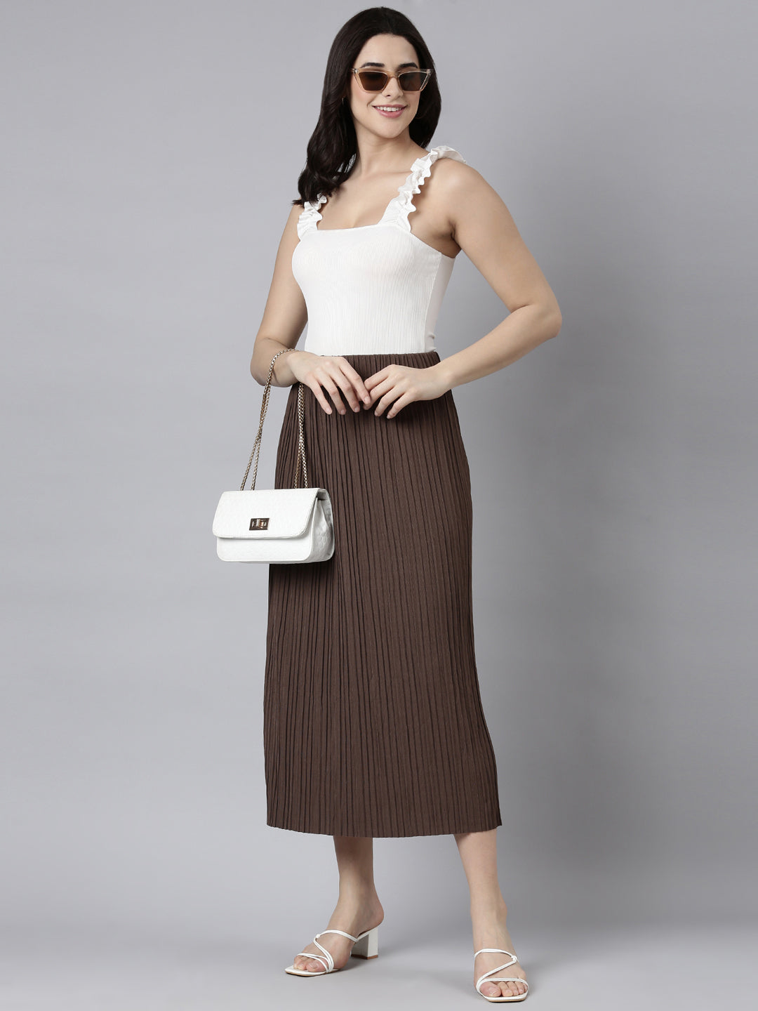 Women Self Design Brown Straight Midi Skirt