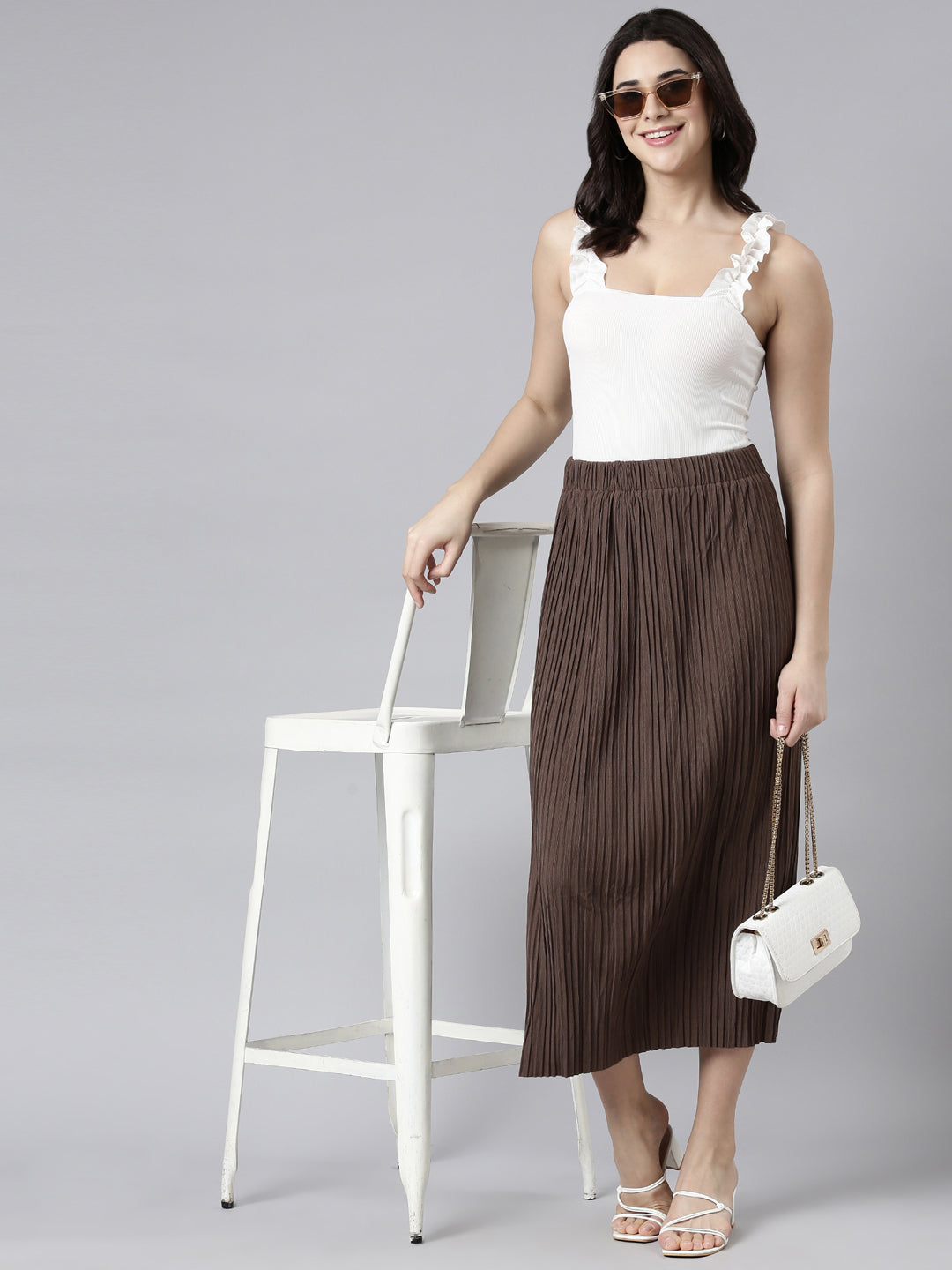 Women Self Design Brown Straight Midi Skirt