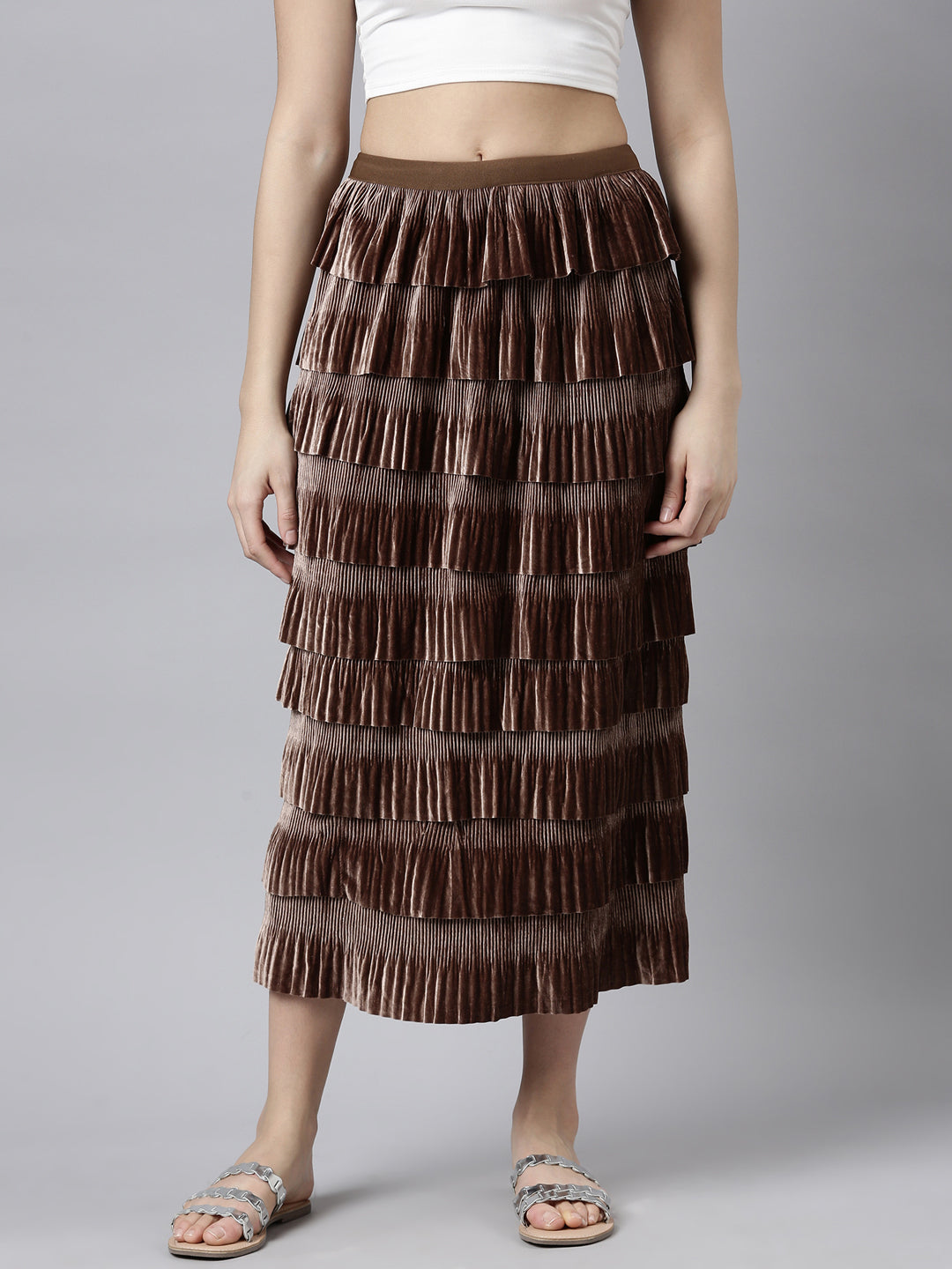 Women Self Design Brown Tiered Maxi Skirt