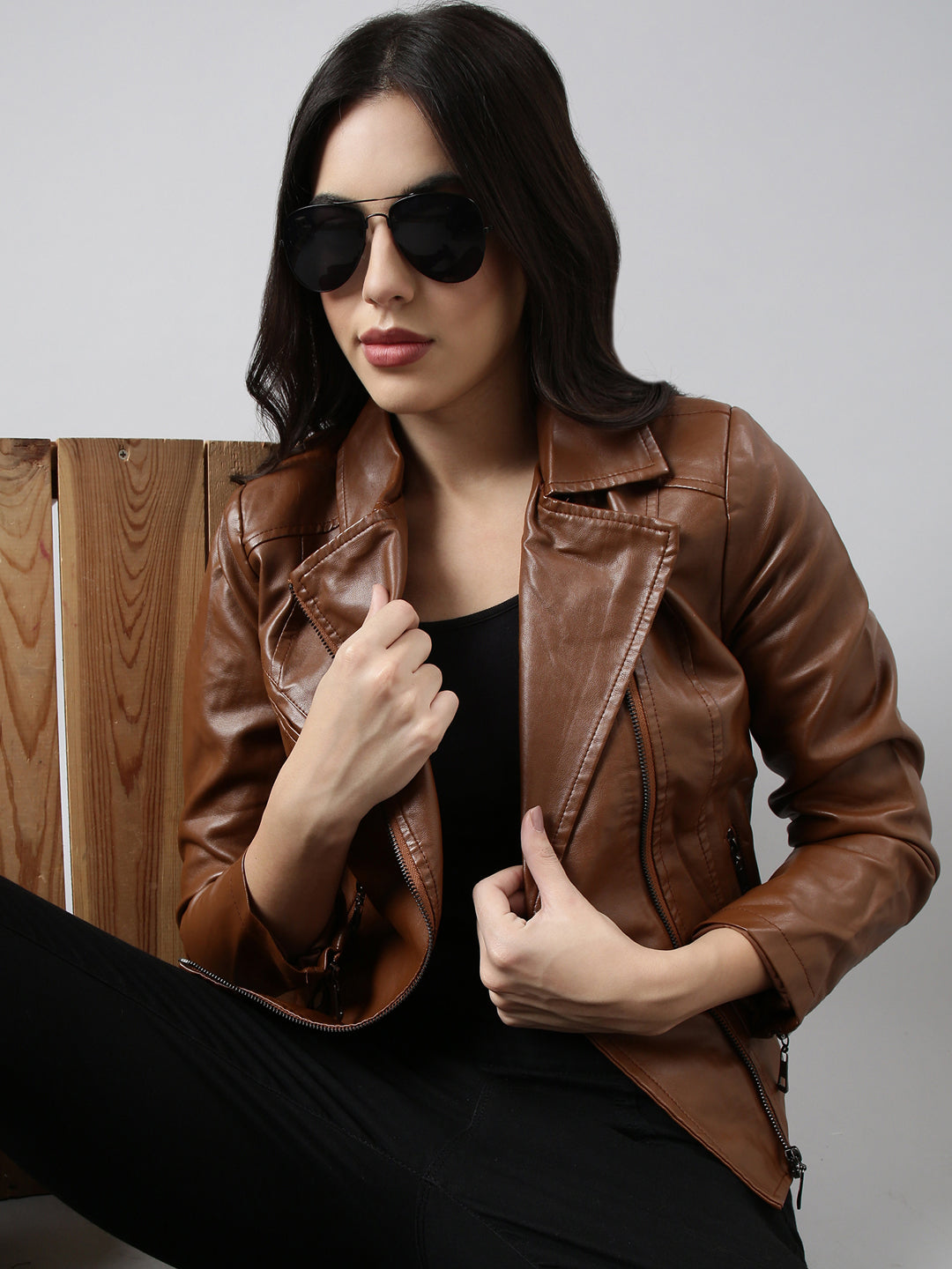 Women Solid Brown Biker Jacket