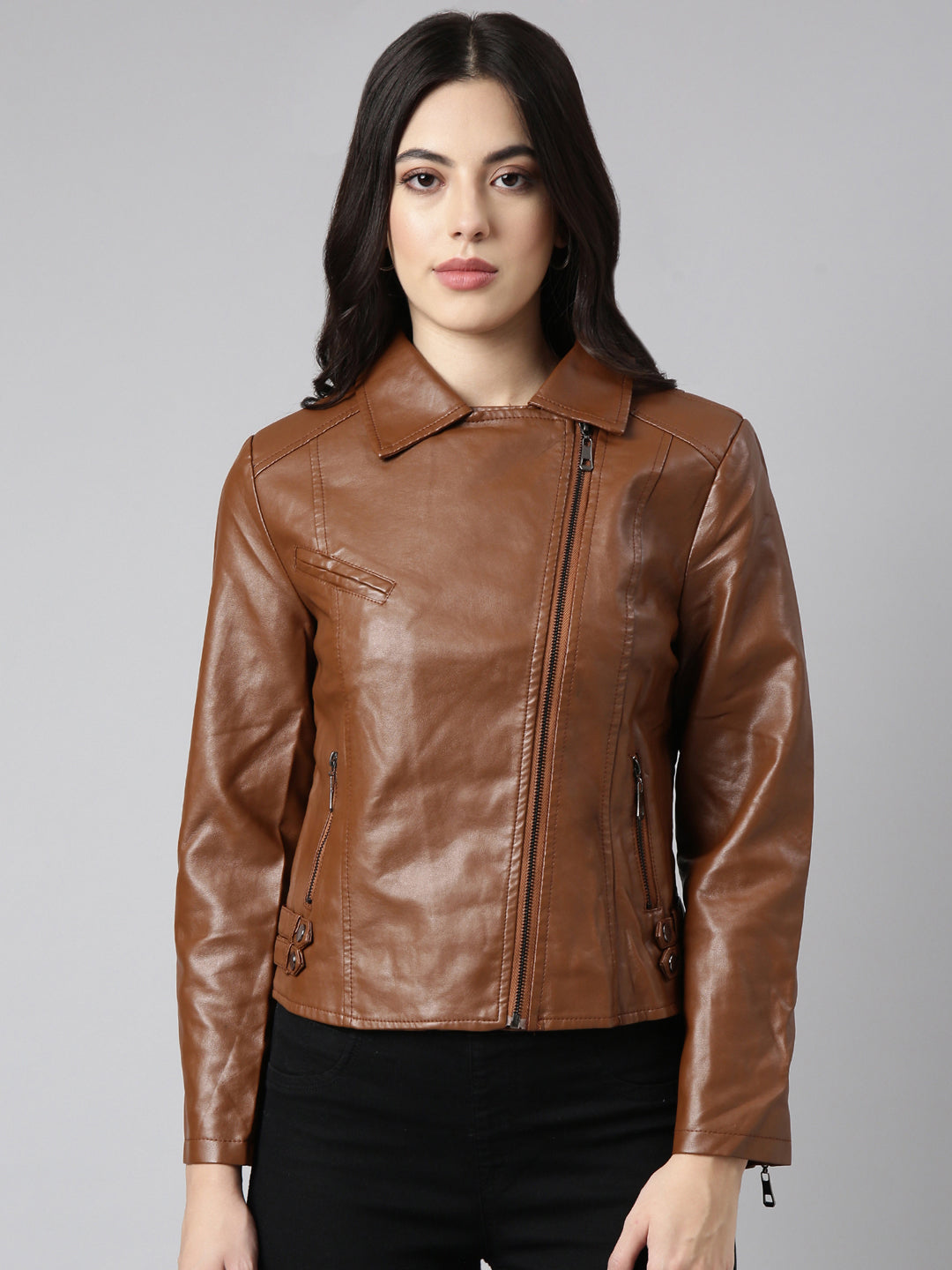 Women Solid Brown Biker Jacket