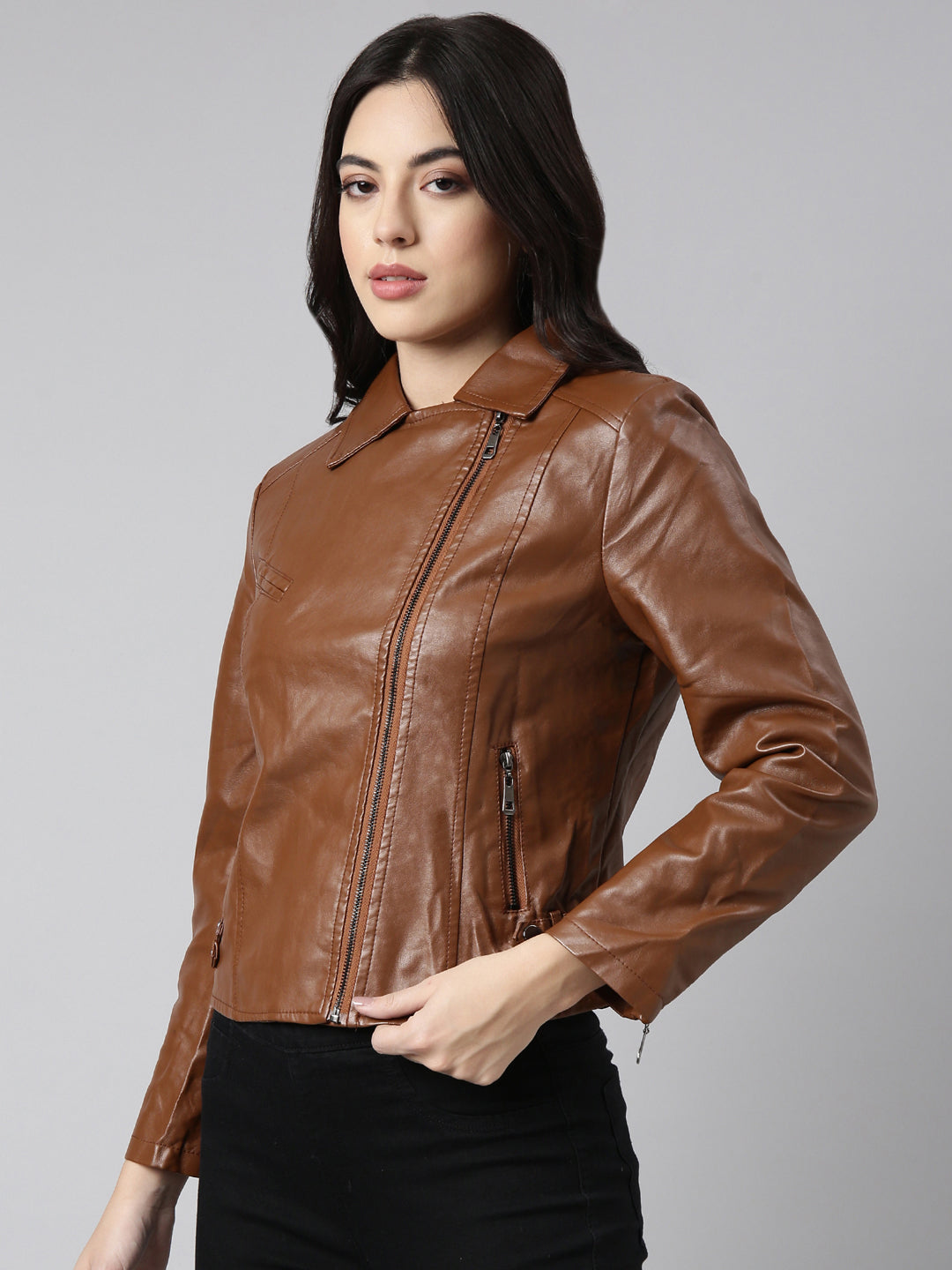 Women Solid Brown Biker Jacket