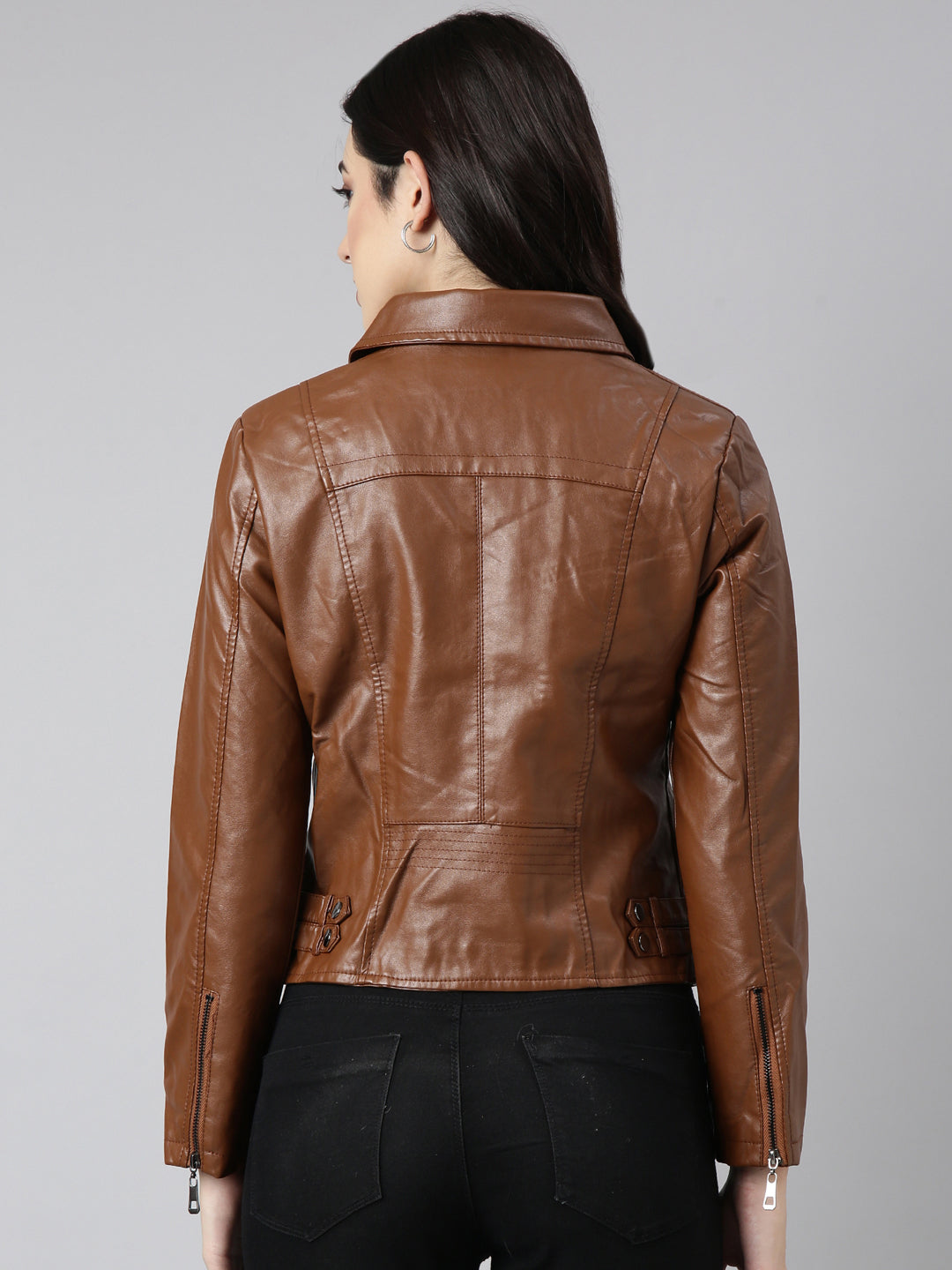 Women Solid Brown Biker Jacket