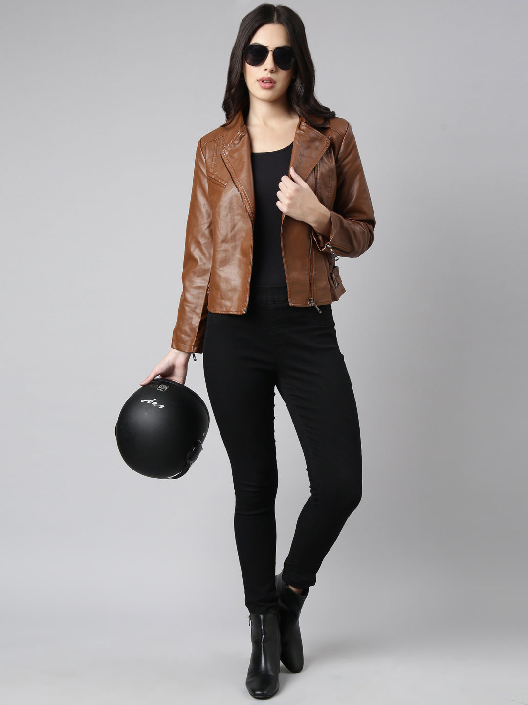 Women Solid Brown Biker Jacket