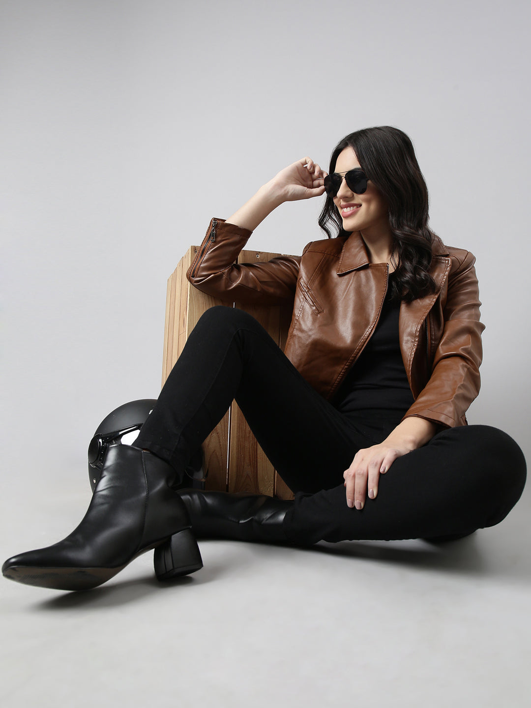 Women Solid Brown Biker Jacket