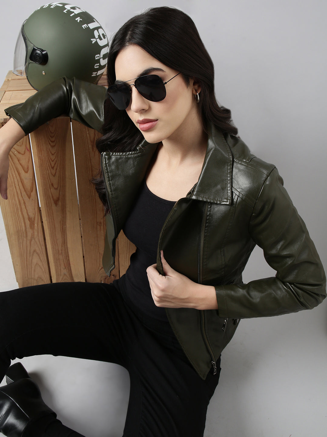 Women Solid Olive Biker Jacket