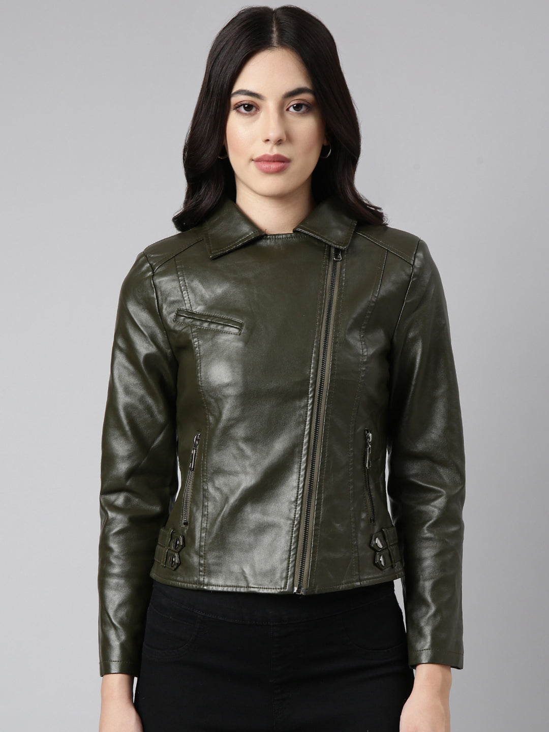 Women Solid Olive Biker Jacket