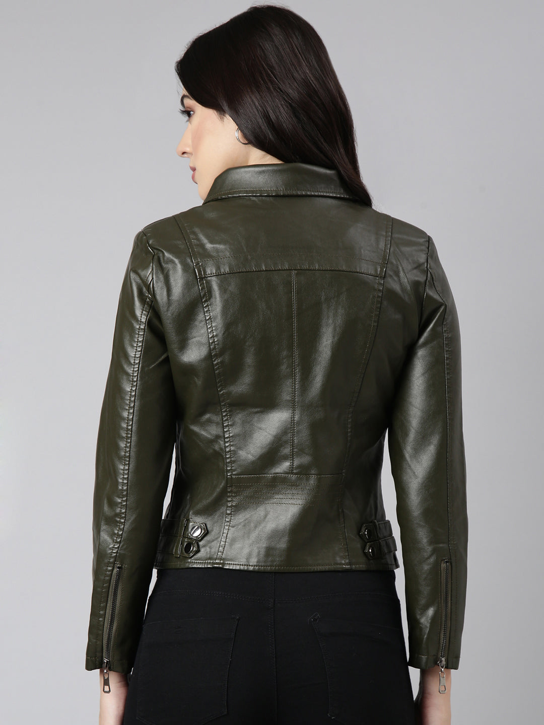 Women Solid Olive Biker Jacket