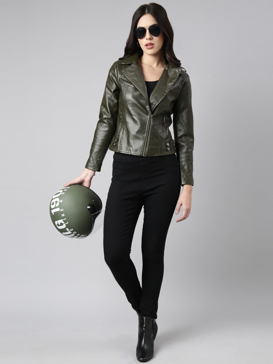 Women Solid Olive Biker Jacket