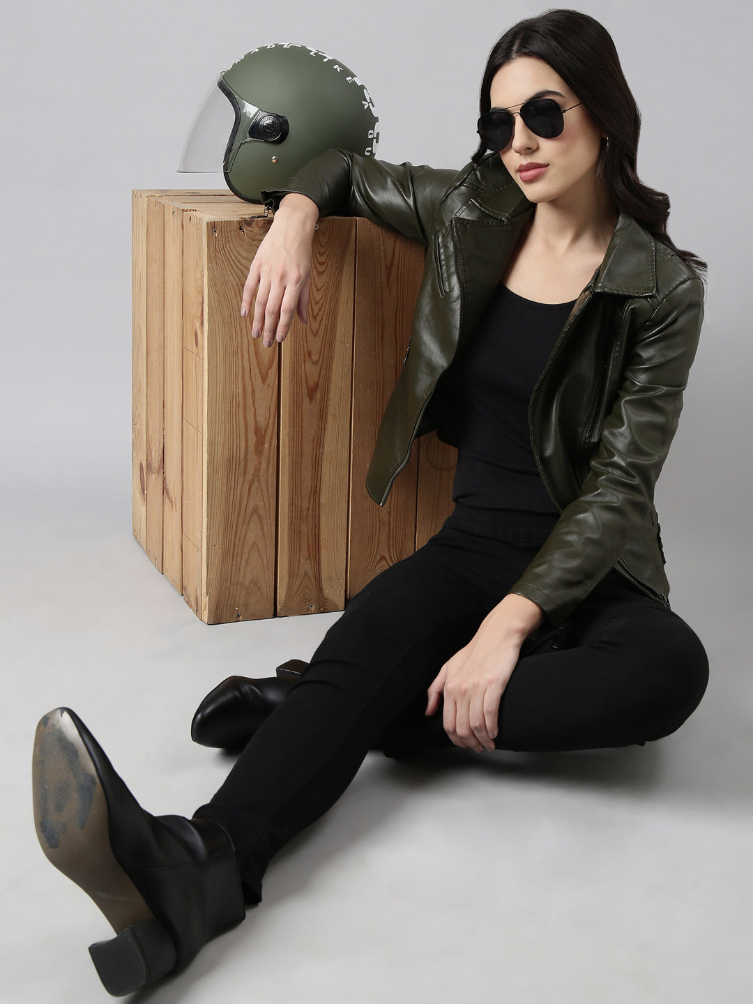 Women Solid Olive Biker Jacket