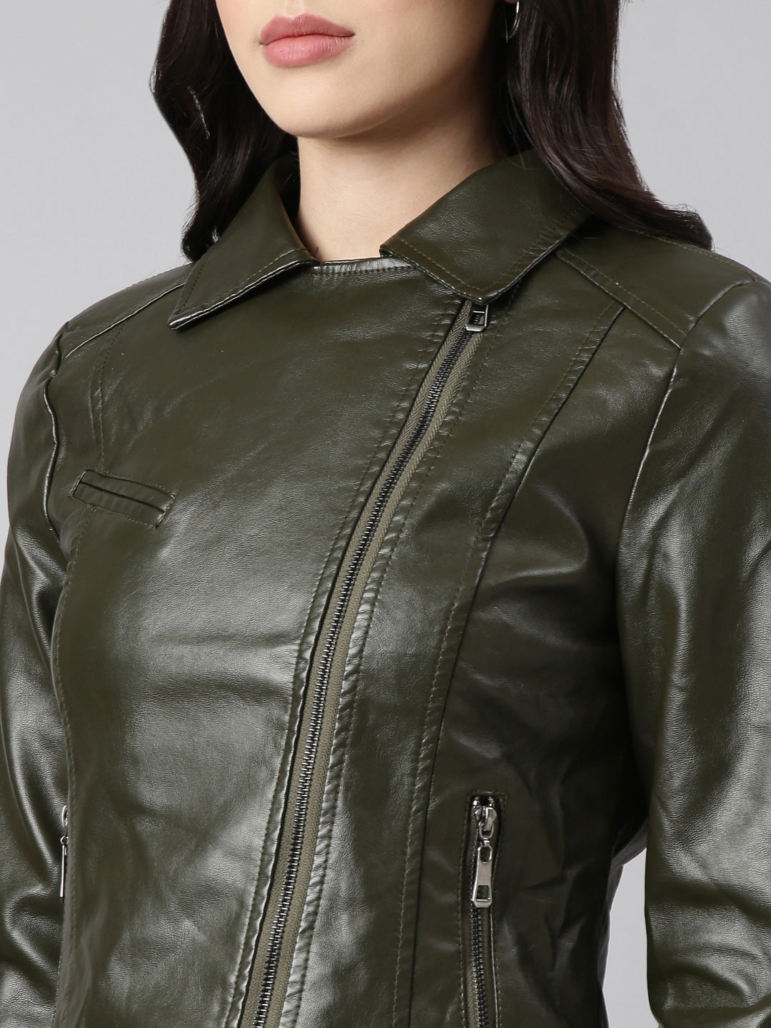 Women Solid Olive Biker Jacket