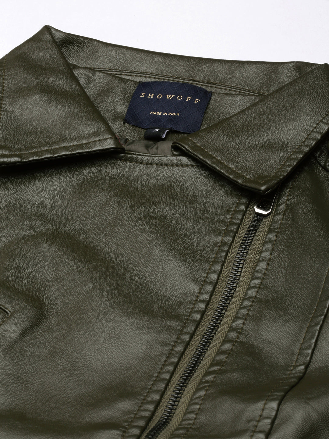 Women Solid Olive Biker Jacket