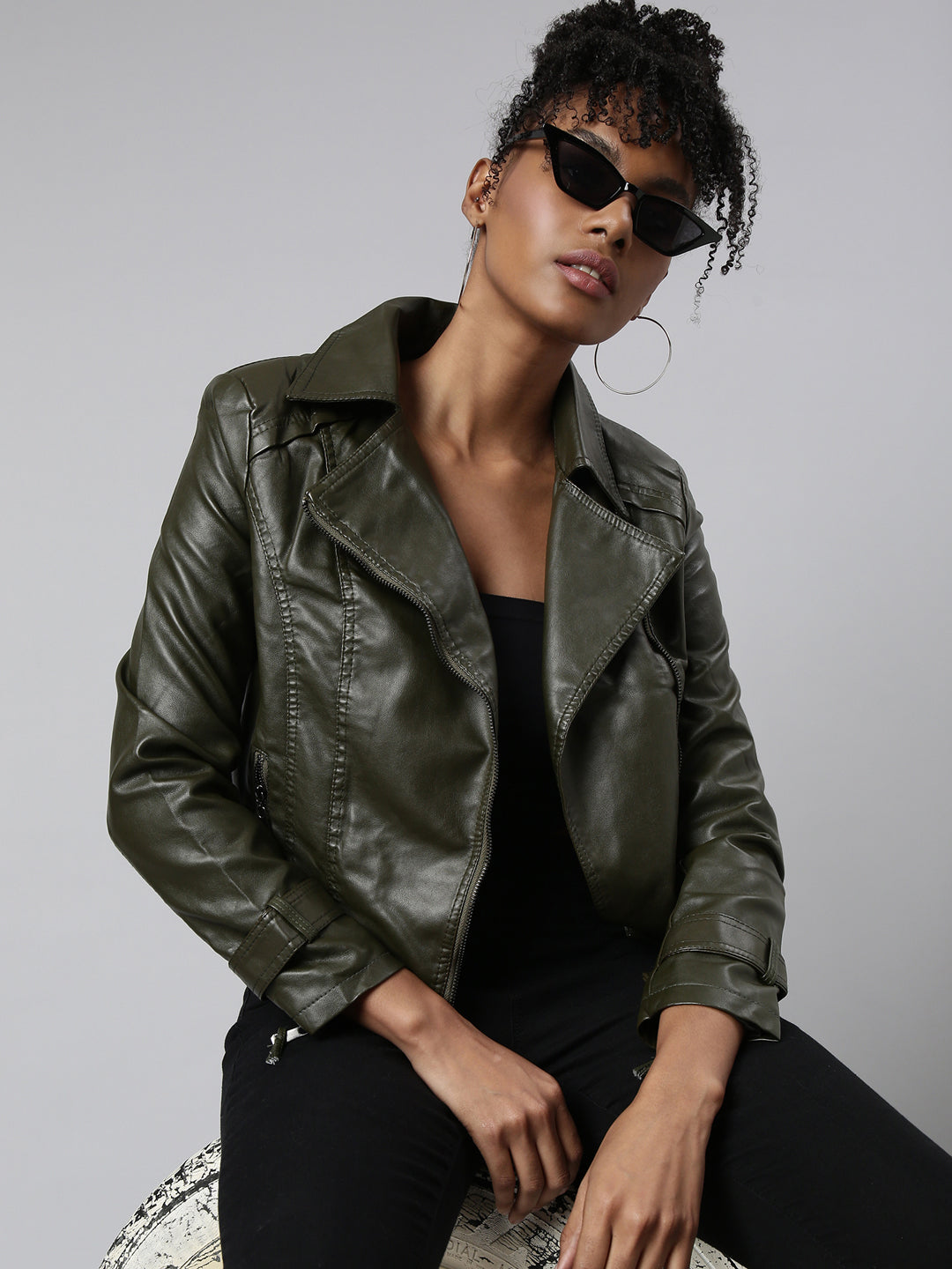 Women Solid Olive Biker Jacket