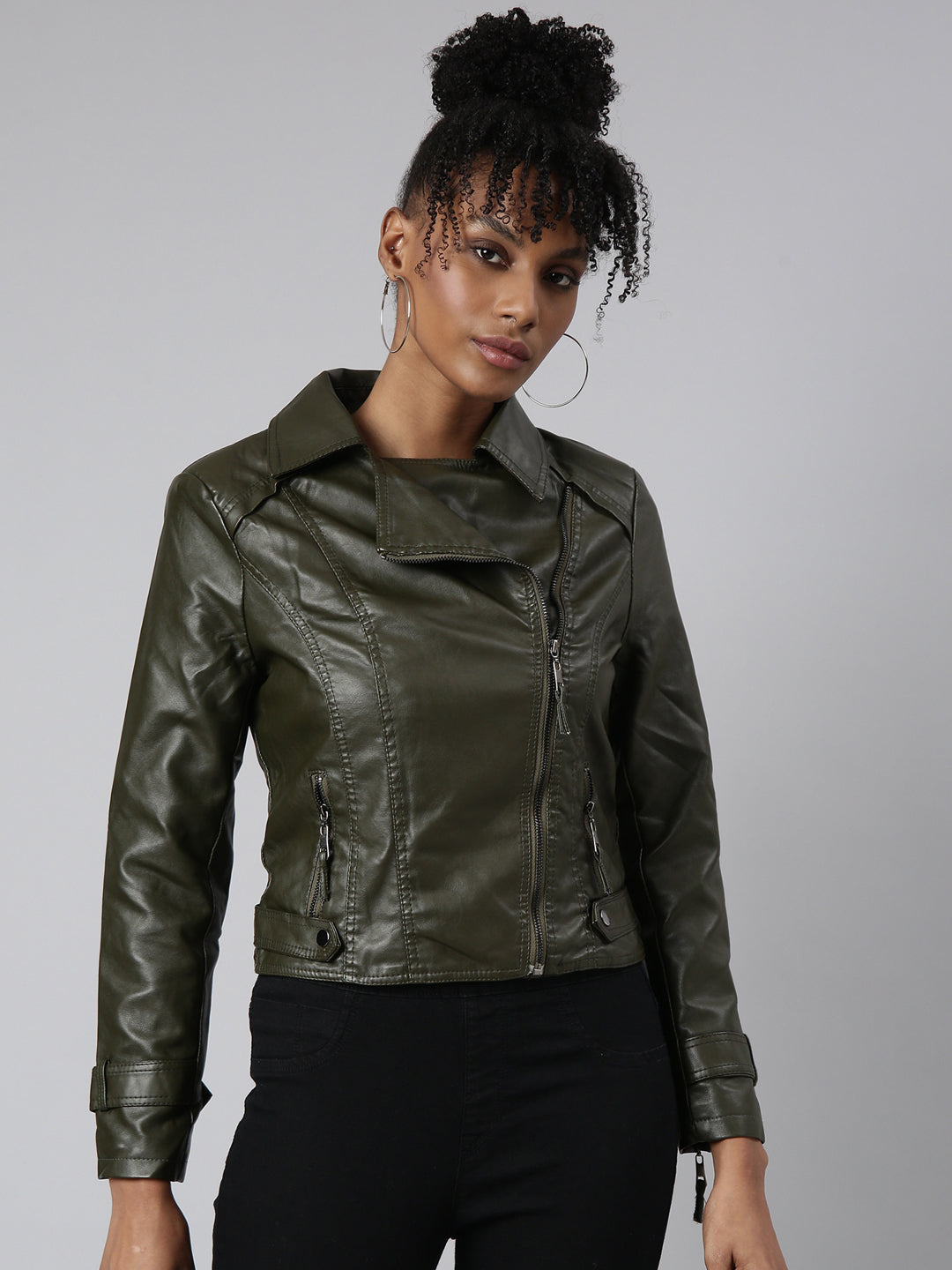 Women Solid Olive Biker Jacket