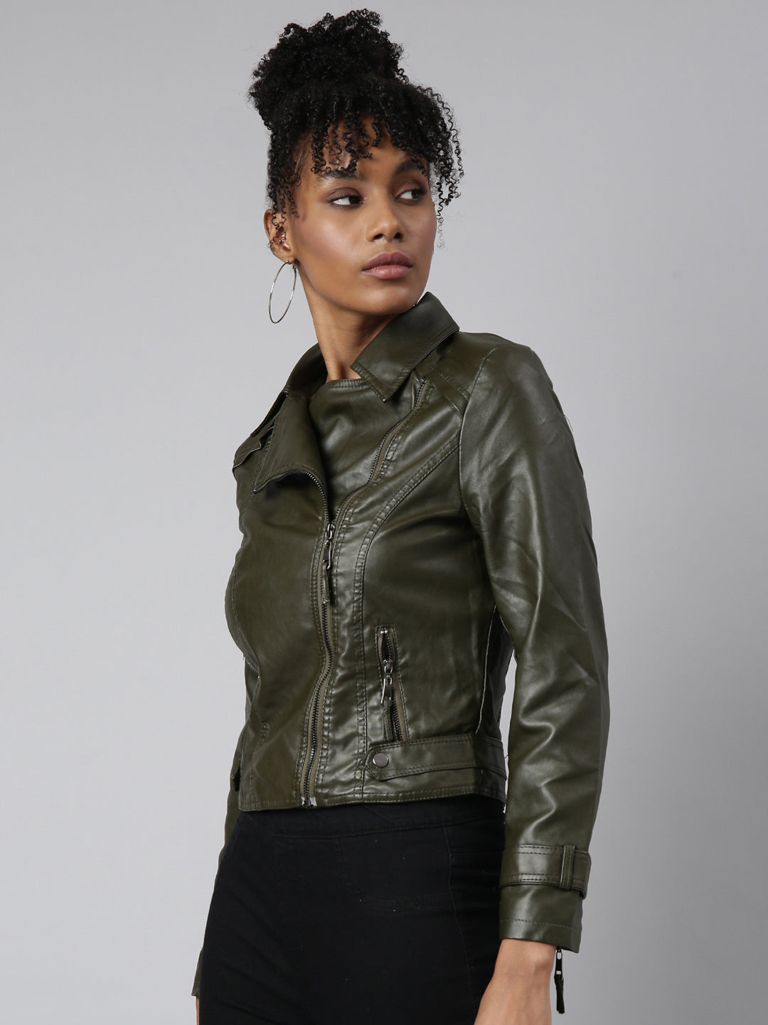 Women Solid Olive Biker Jacket