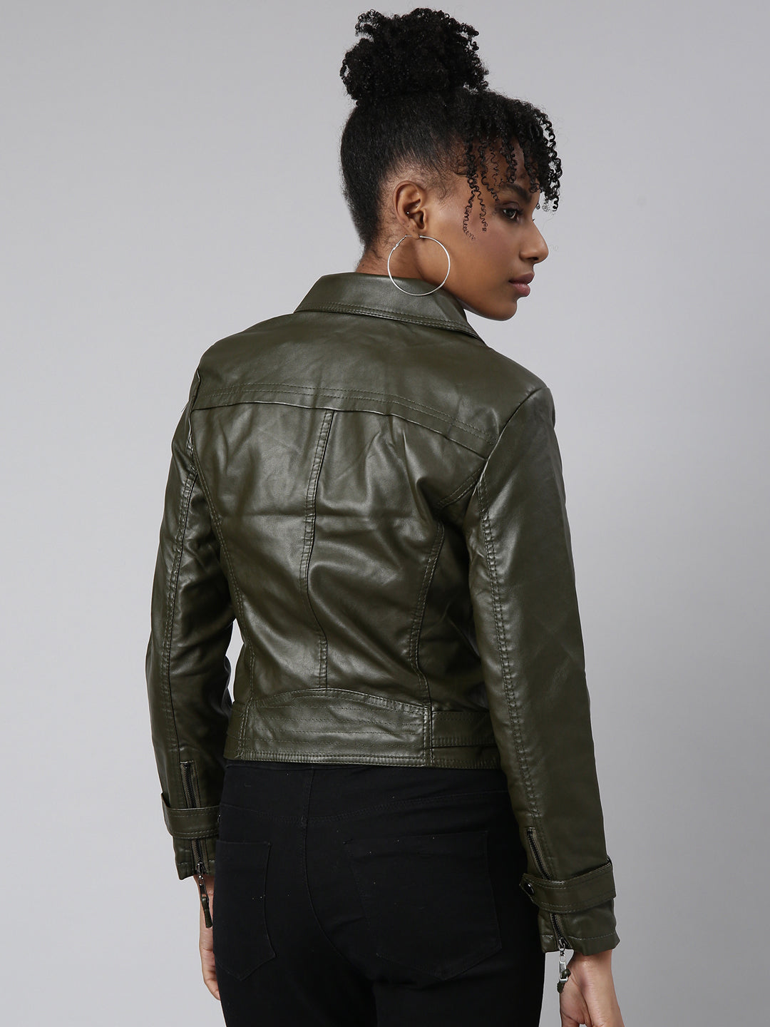 Women Solid Olive Biker Jacket