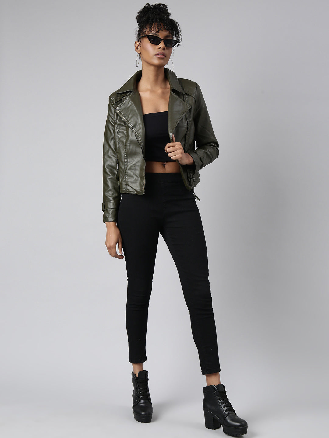 Women Solid Olive Biker Jacket