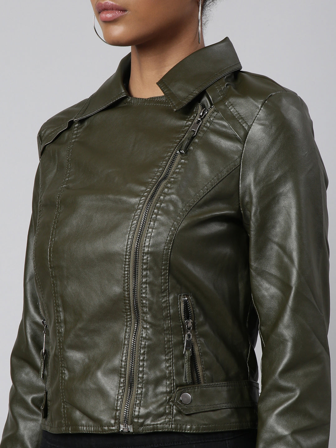 Women Solid Olive Biker Jacket