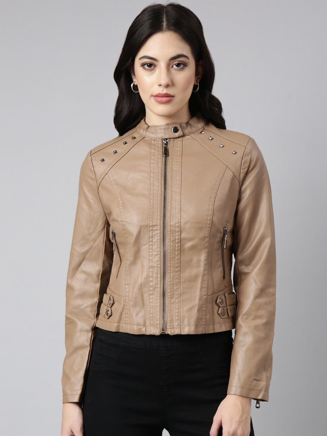 Women Solid Brown Biker Jacket