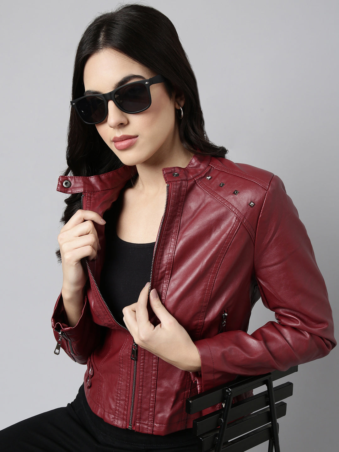 Women Solid Maroon Biker Jacket