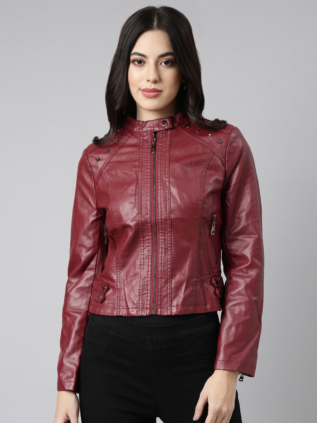 Women Solid Maroon Biker Jacket