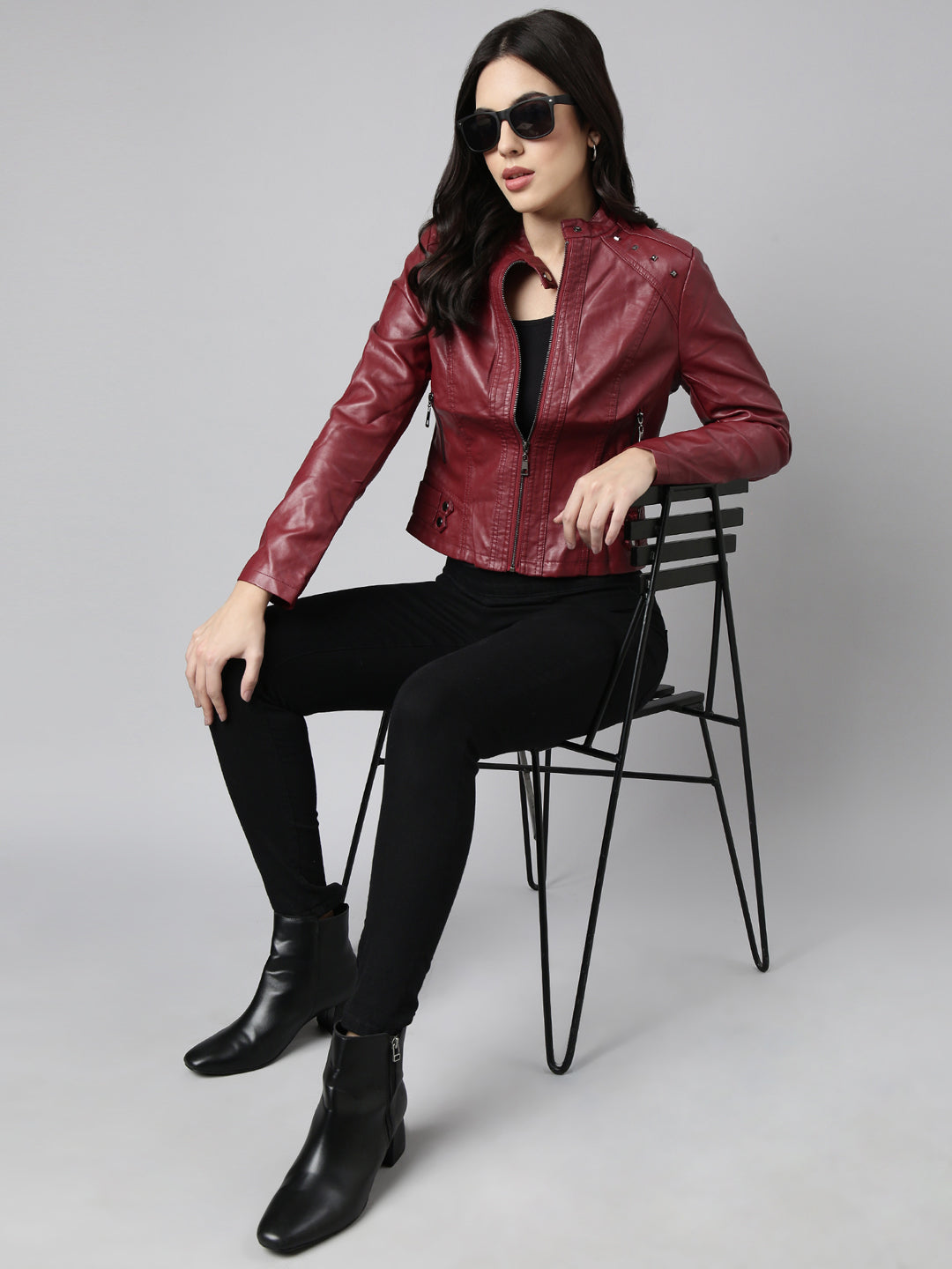 Women Solid Maroon Biker Jacket