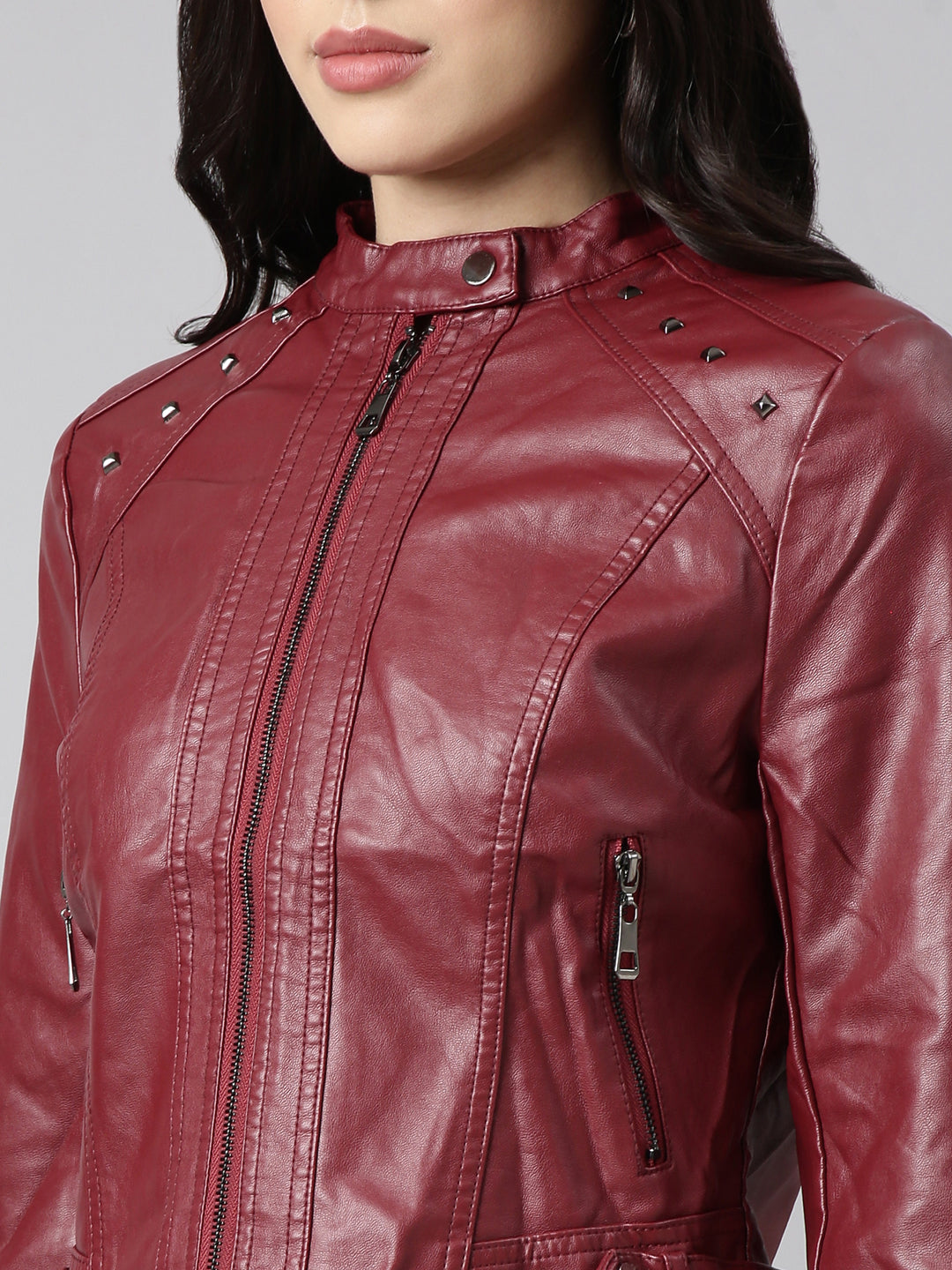 Women Solid Maroon Biker Jacket