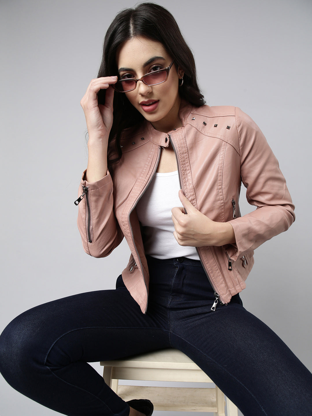 Women Solid Peach Biker Jacket