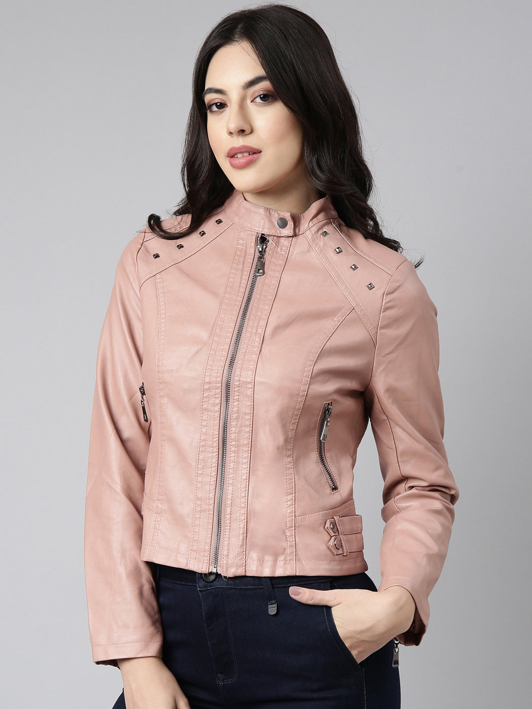 Women Solid Peach Biker Jacket