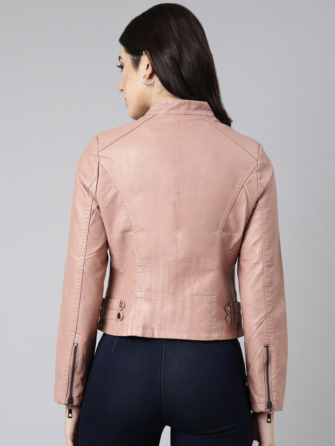 Women Solid Peach Biker Jacket