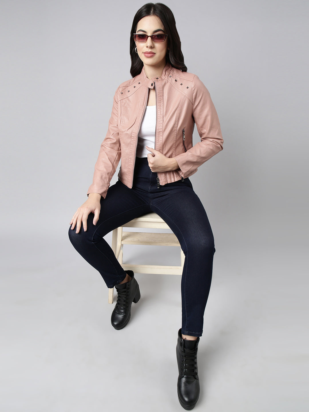 Women Solid Peach Biker Jacket