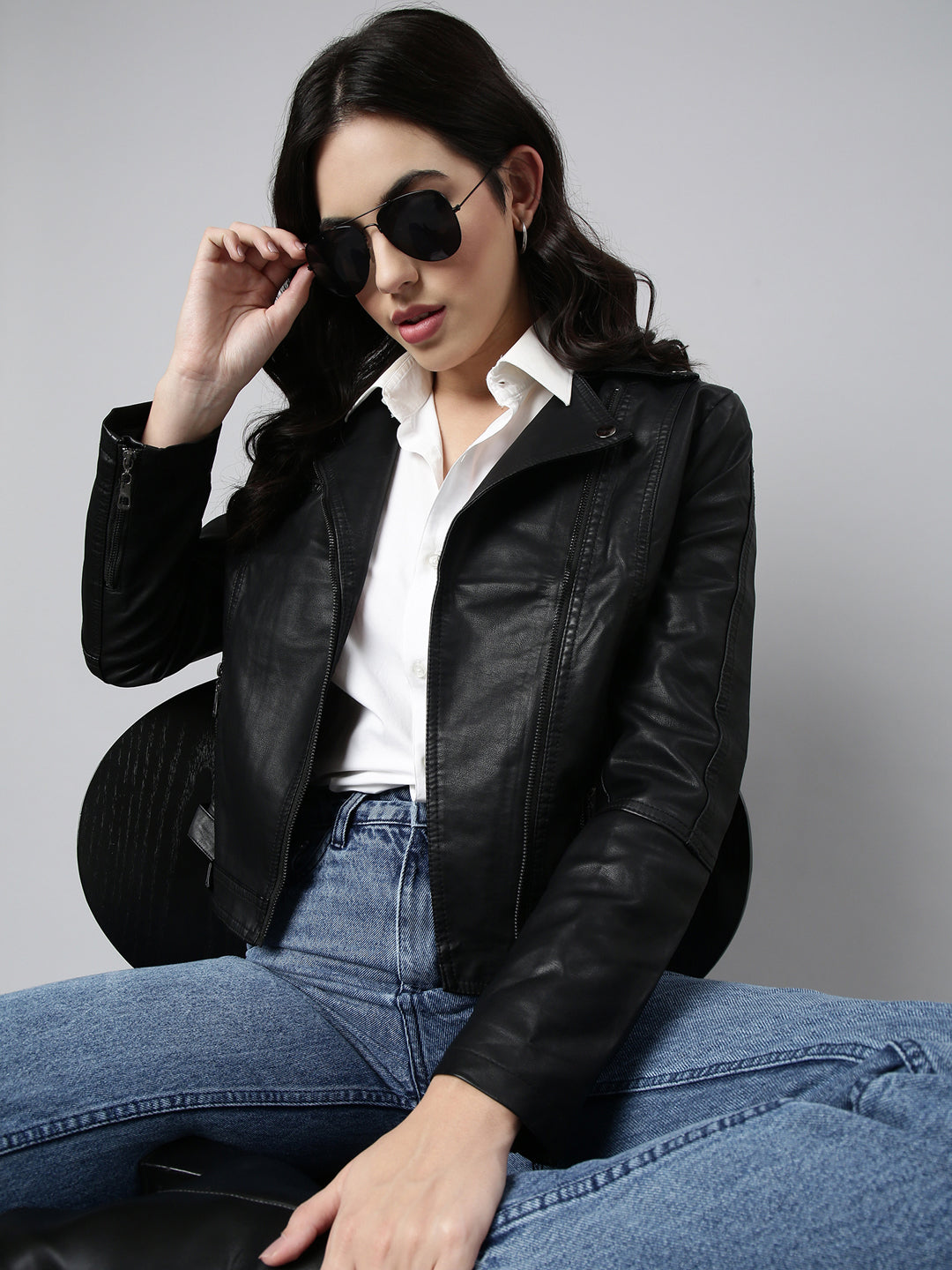 Women Solid Black Biker Jacket