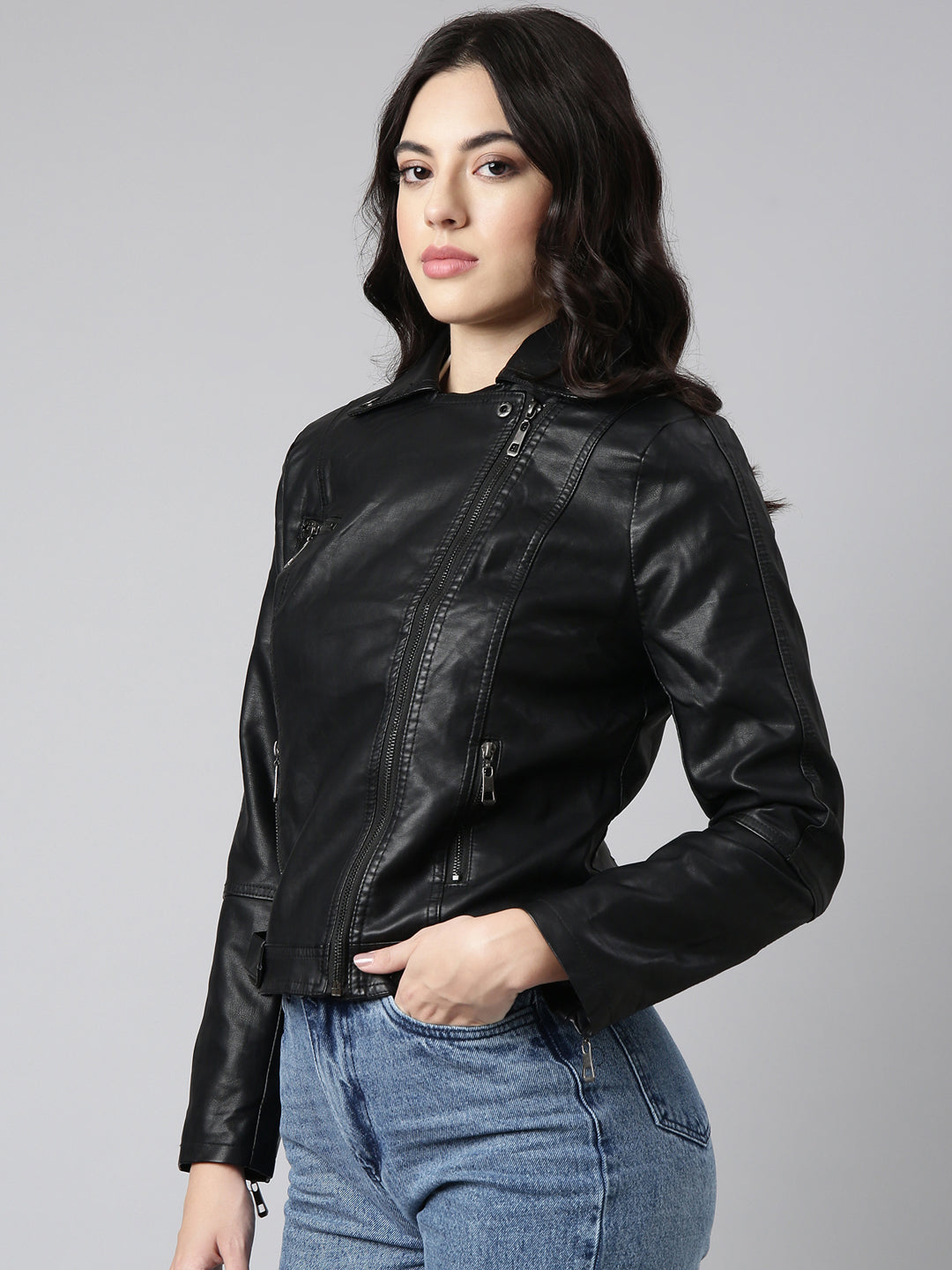 Women Solid Black Biker Jacket