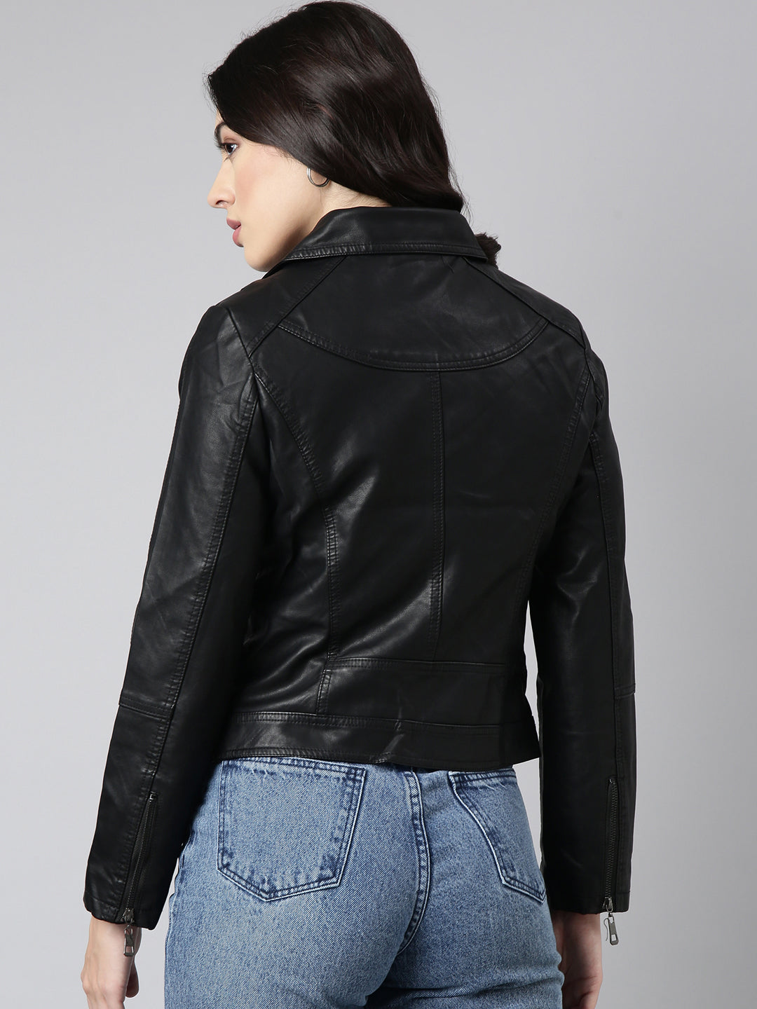 Women Solid Black Biker Jacket