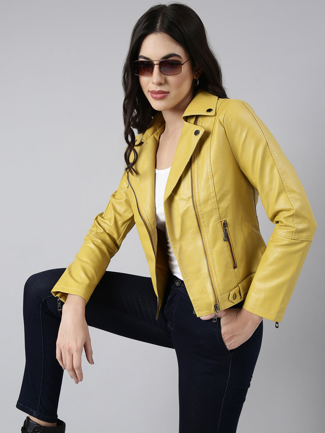 Women Solid Yellow Biker Jacket