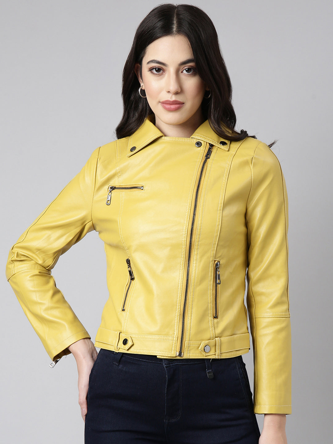 Women Solid Yellow Biker Jacket