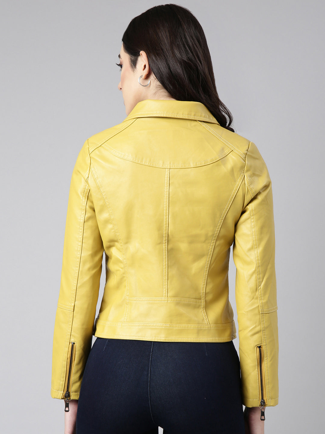 Women Solid Yellow Biker Jacket