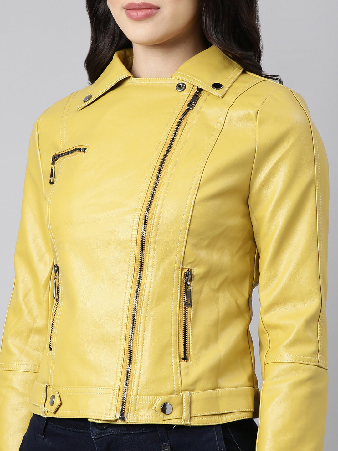 Women Solid Yellow Biker Jacket