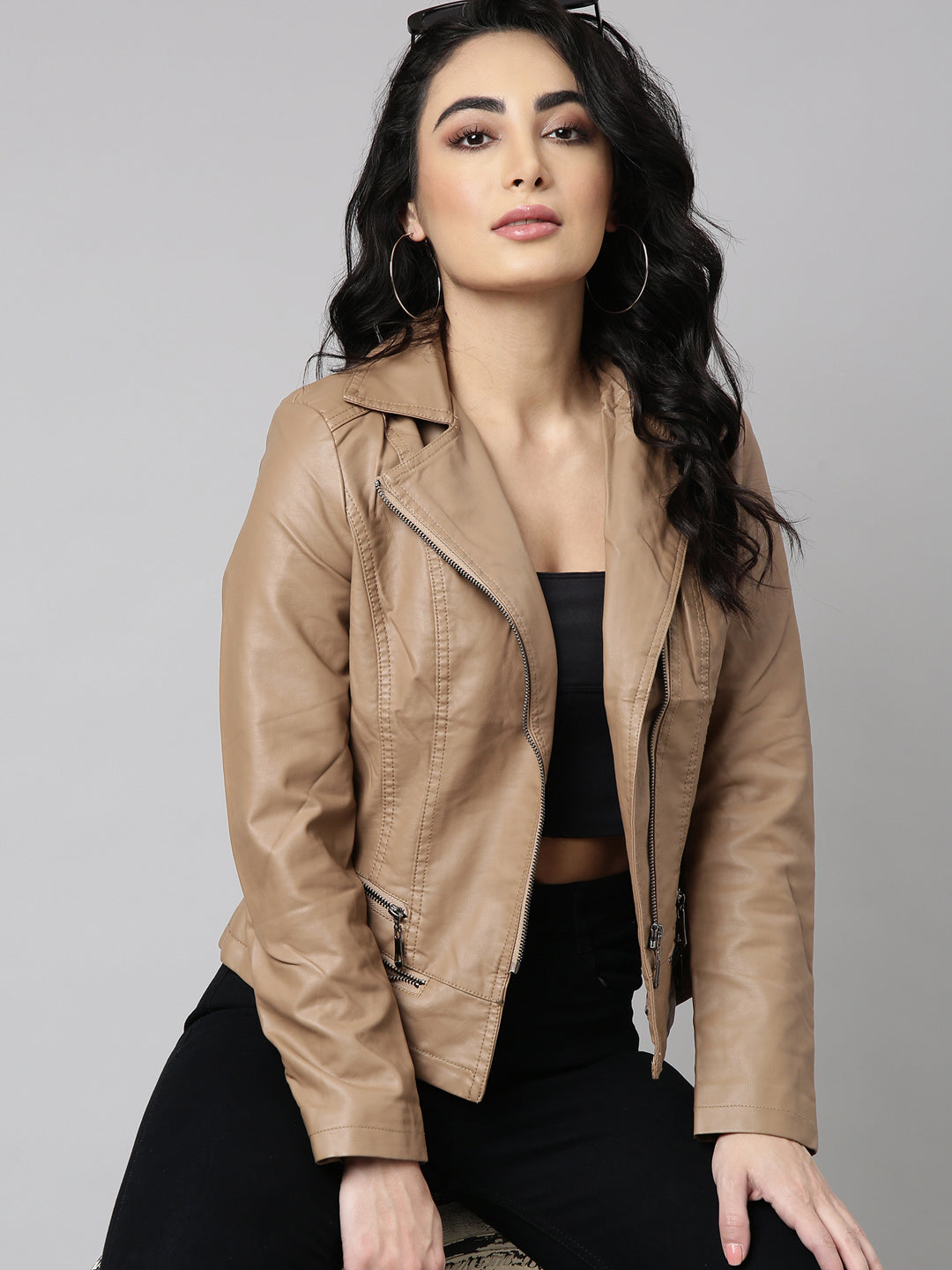 Women Solid Brown Biker Jacket