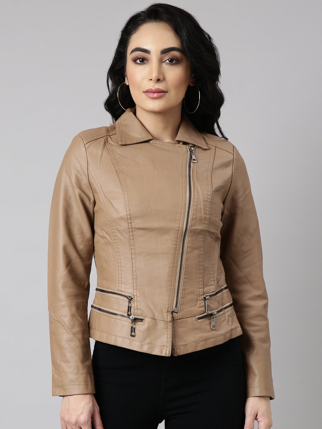 Women Solid Brown Biker Jacket