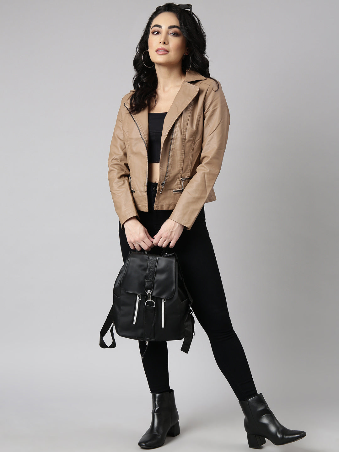 Women Solid Brown Biker Jacket