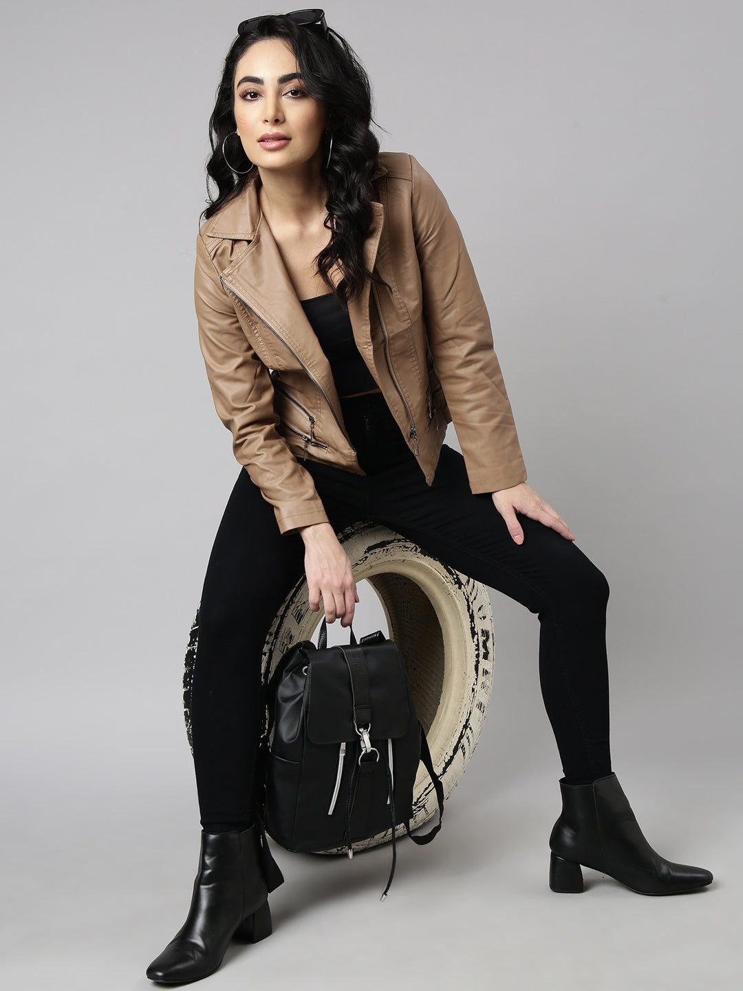 Women Solid Brown Biker Jacket