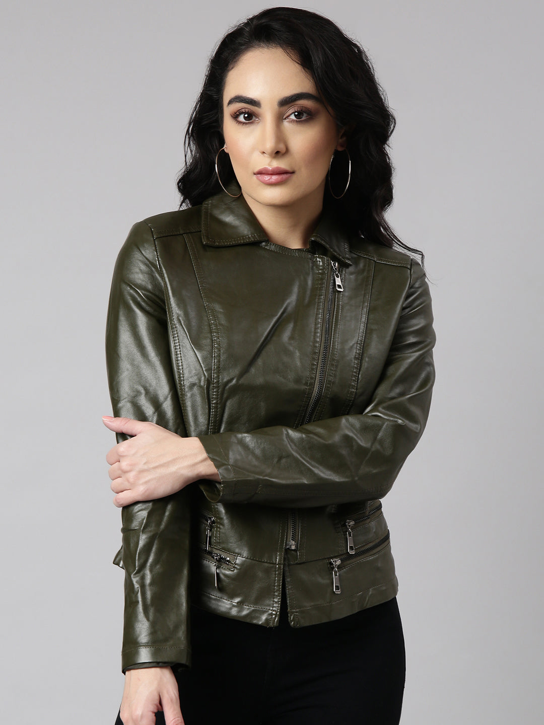 Women Solid Olive Biker Jacket