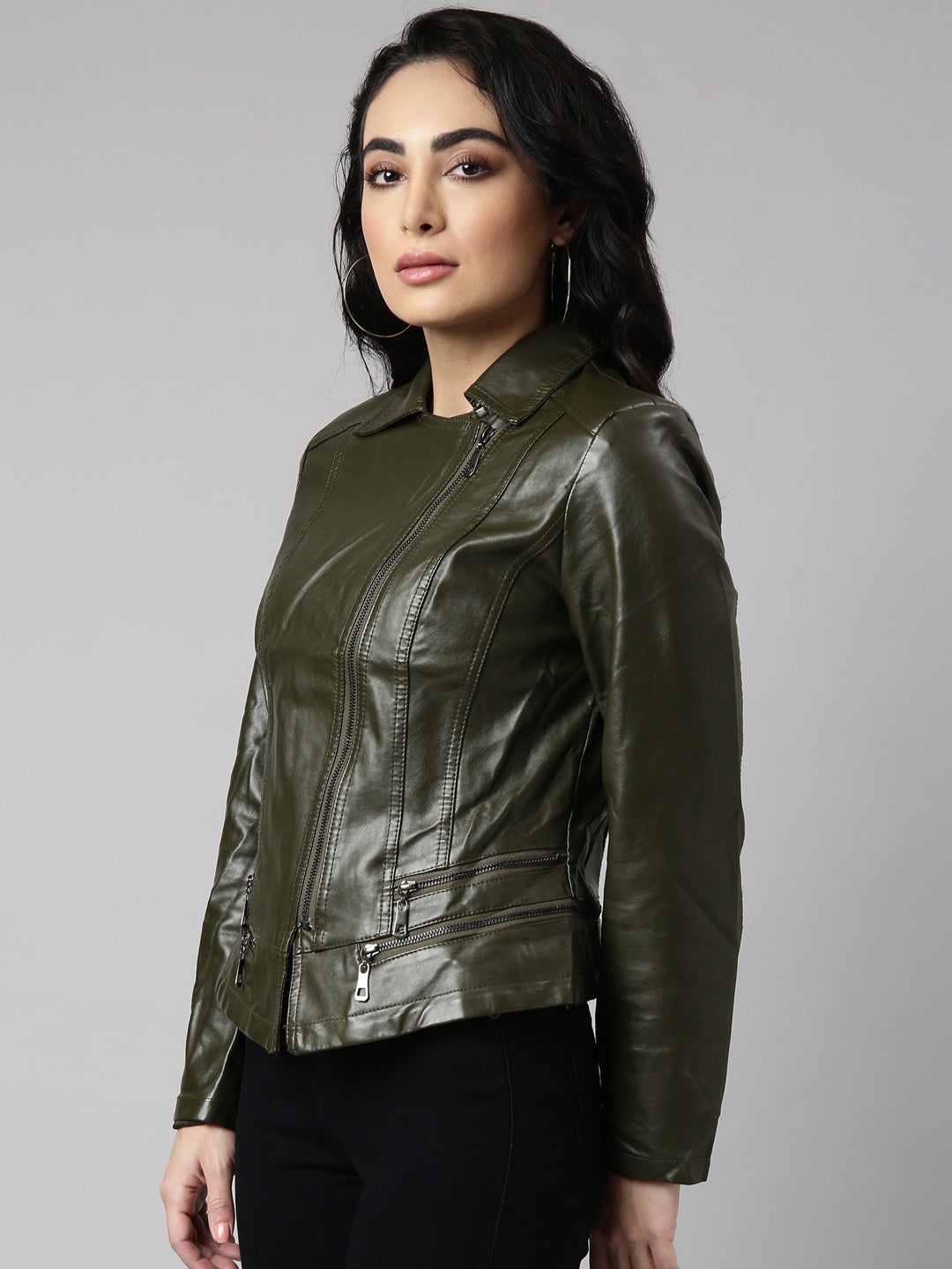 Women Solid Olive Biker Jacket