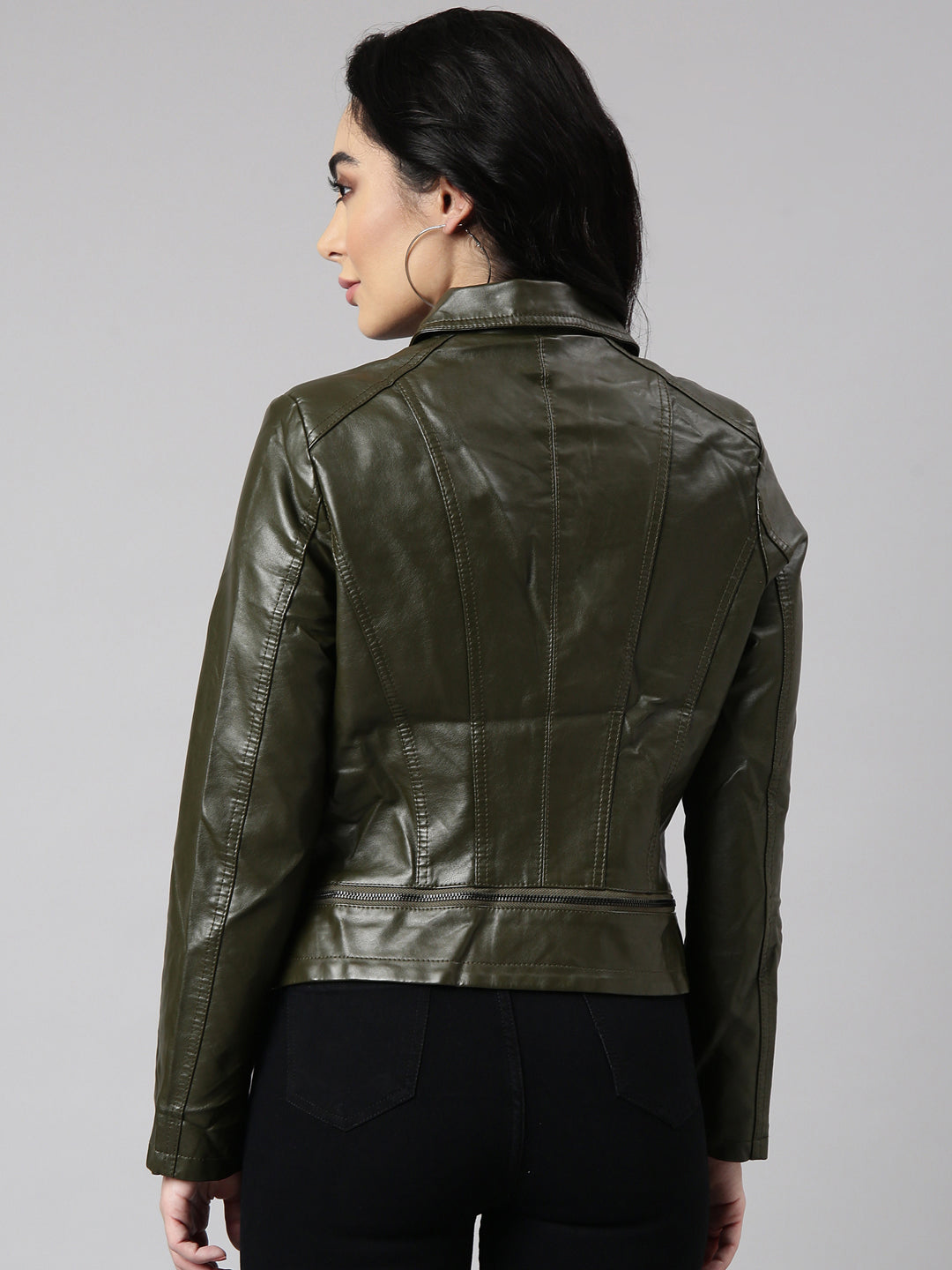 Women Solid Olive Biker Jacket